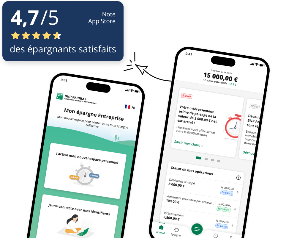 Application Mon Épargne Entreprise notée 4,7 sur 5 par les utilisateurs sur App store.
